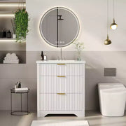 Conjunto de tocador de baño moderno estriado con lavabo de cerámica integrado, mueble de baño independiente con 3 cajones para baño contemporáneo