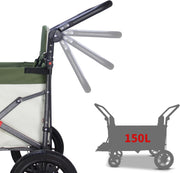 TOPWELL Carrito de transporte plegable de 180 l hasta 120 kg con 2 asientos plegables/techo/freno, carrito de transporte plegable con ruedas de poliuretano verde/beige