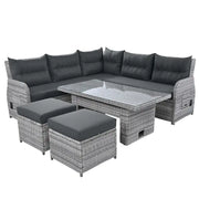 Conjunto de sofá seccional de ratán para exteriores con mesa ajustable y sillones reclinables