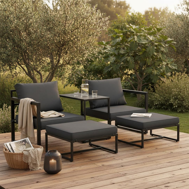 Set de muebles de jardín de 5 piezas Asteri, grupo de asientos para 2-4 personas, 2 sillones, 2 taburetes, 1 mesa, estructura de metal resistente a la intemperie con cojines de asiento