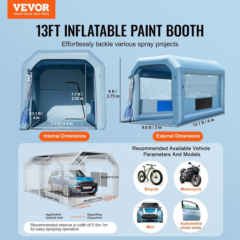 VEVOR Cabina de Pintura Inflable 4x3x2,75 m, Tienda de Pintura Inflable para Automóviles con Sopladores Potentes de 750 W y Sistema de Filtración, Estación de Trabajo para Aplicación de Pintura, Taller y Garaje