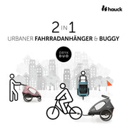 hauck Remolque de bicicleta y cochecito Dryk Duo Plus con suspensión, para 2 niños (6-48 meses), incluye barra de tiro, rueda de cochecito, bandera y luz LED, plegable, altura ajustable, maletero XL (verde oscuro)