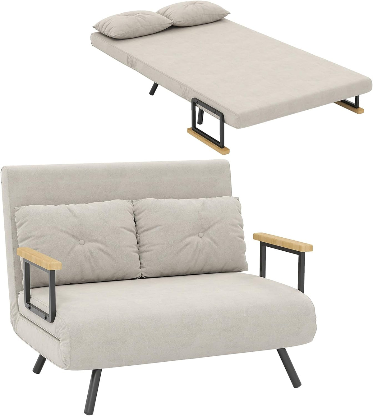 HOMCOM Sofá cama 4 en 1, sofá de 2 plazas con función de cama, 183 x 98,5 cm, sofá plegable con respaldo ajustable en 5 niveles, cojín lumbar y aspecto de terciopelo para salón, beige