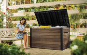 Arcón de almacenamiento Keter Signature 870L nogal - Caja de jardín con aspecto de madera y función de asiento - Baúl para cojines resistente a la intemperie con pistones de gas