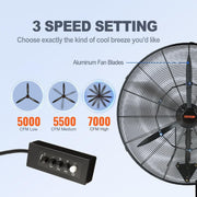 Ventilador nebulizador VEVOR, ventilador oscilante e impermeable de 61,6 cm, 3 velocidades, 7000 CFM, ventilador comercial o residencial para enfriar almacenes, invernaderos, talleres