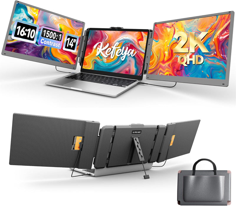 KEFEYA 2K Pantalla Portátil 2160P 2160x1440P QHD, Monitor Portátil de 14" Triple Pantalla Plug & Play para Portátil con Relación de Contraste 1500:1 para Windows, Mac, Chrome, Android con 13.3"-17"