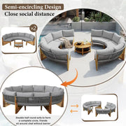 Set de sofá seccional redondo de madera de acacia para exteriores con mesa de centro, 12 plazas