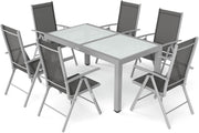 Conjunto de comedor de jardín Villana, plata/negro, aluminio/textil, mesa 160/220 cm, 6 sillas plegables