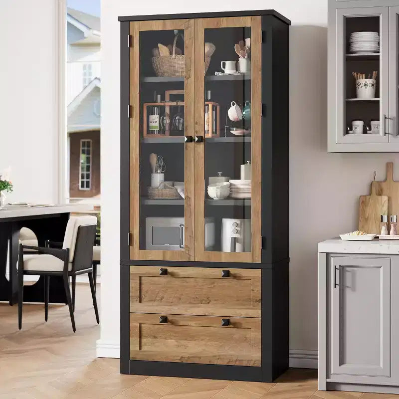 Alacena de cocina estilo granja con puertas de vidrio, armario de almacenamiento de 72 pulgadas con cajones y estantes ajustables para comedor, baño y sala de estar