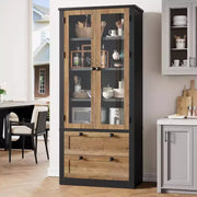 Alacena de cocina estilo granja con puertas de vidrio, armario de almacenamiento de 72 pulgadas con cajones y estantes ajustables para comedor, baño y sala de estar