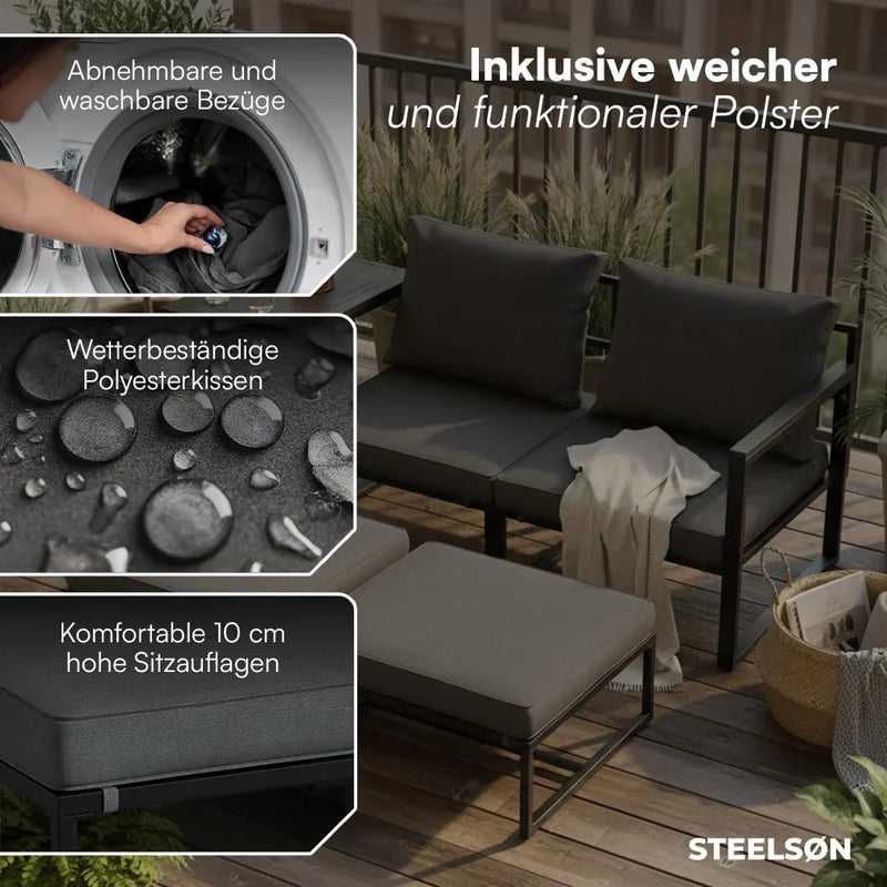 Set de muebles de jardín de 5 piezas Asteri, grupo de asientos para 2-4 personas, 2 sillones, 2 taburetes, 1 mesa, estructura de metal resistente a la intemperie con cojines de asiento