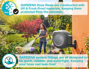 GARDENA 08045 Portamangueras de pared retráctil de 20 m, montaje en pared, retracción automática y bloqueo de longitud para un riego fácil. Soporte giratorio resistente de 180°, boquilla