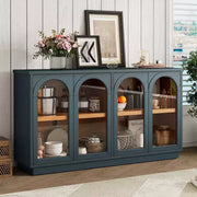 Aparador grande de 4 puertas con puertas de vidrio, gabinete arqueado con estantes ajustables para cocina