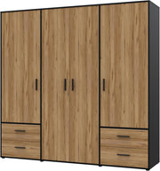 Armario FORTE Jupiter 200 210, armario ropero, armario de puertas batientes, 4 puertas, con 4 cajones y estantes, negro con decoración de madera: roble Catania, 206 cm de ancho x 53 cm de profundidad x 200 cm de alto
