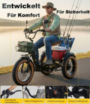 Triciclo eléctrico para adultos KAKIGO, neumáticos anchos de 20”x4”, bicicleta eléctrica plegable de aluminio, motor de 250W, 95 Nm, batería de 48V 15.6Ah, 20 km/h, cesta delantera y trasera, diferencial, 90 km de autonomía