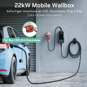 Wallbox móvil/estación de carga de 22kW con aplicación [trifásica|7m|6-32A] con medidor de energía, cable de carga CEE 32A a tipo 2 y cargador de VE para Model Y/3, ID.3/4/5, MG4, EX30, e-up, e-tron y otros VE/Híbridos enchufables
