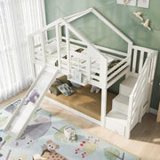 Cama litera infantil Merax 90x200cm, cama casita, litera alta con tobogán, escalera, compartimento de almacenamiento, espacio de almacenamiento, somier, protección anticaídas, con ventana, para 2 niños, sin colchón, blanco/254x96x207cm