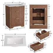 Conjunto de tocador de baño moderno estriado con lavabo de cerámica integrado, mueble de baño independiente con 3 cajones para baño contemporáneo