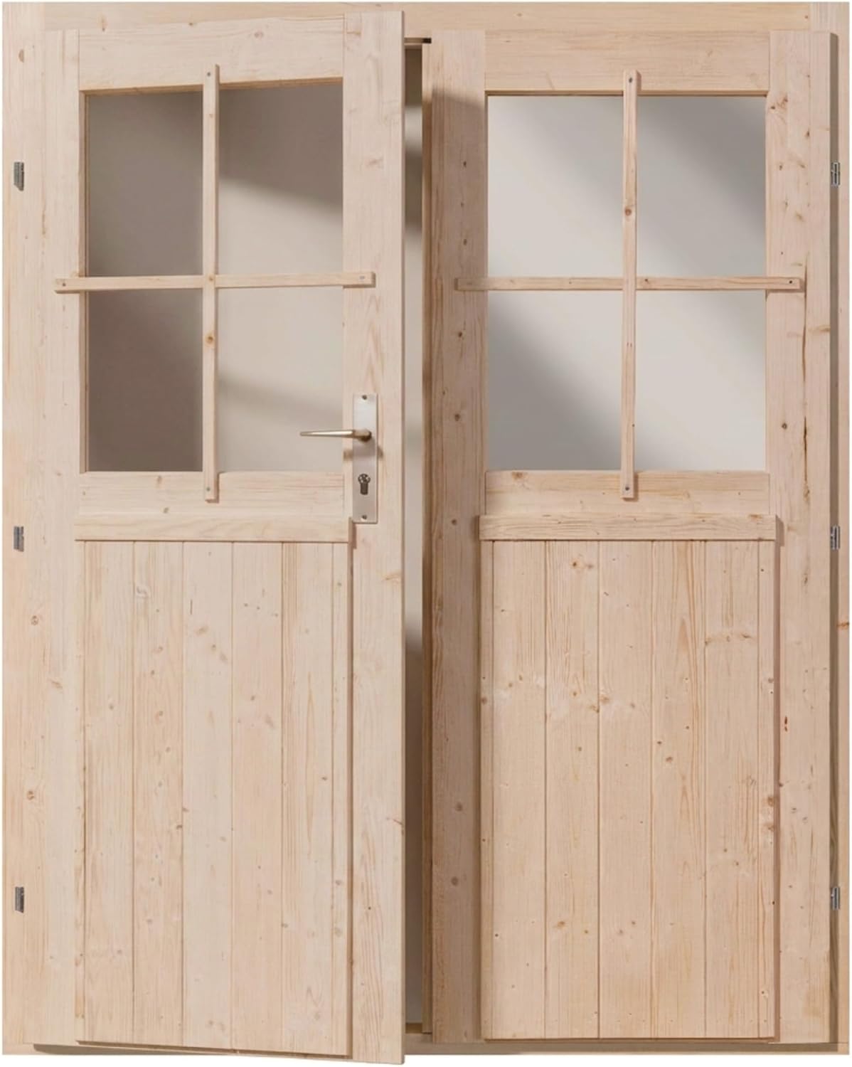Puerta de madera de abeto nórdico para caseta de jardín, doble hoja, 141x177 cm | Cristal real, incluye juego de manillas y umbral de aluminio, puerta de jardín para cobertizo, puerta exterior de madera para taller