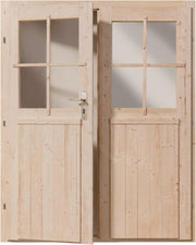 Puerta de madera de abeto nórdico para caseta de jardín, doble hoja, 141x177 cm | Cristal real, incluye juego de manillas y umbral de aluminio, puerta de jardín para cobertizo, puerta exterior de madera para taller
