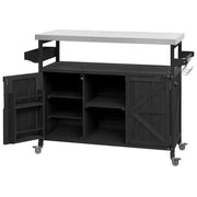 Isla de cocina para exteriores con cubierta de acero inoxidable, carrito de cocina de madera con puertas, estantes y especiero, isla de cocina con ruedas