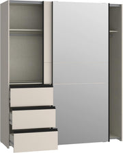 Armario moderno Forte Winn 2 de 170, armario con puertas correderas y espejo, 2 puertas, 3 cajones, madera, cachemira|beige, 170,3 cm de ancho x 200,5 cm de alto x 61,2 cm de fondo