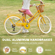 Glerc Missy 20, 24, 26 pulgadas bicicleta híbrida urbana tipo crucero para niñas, de 6 velocidades, con cesta de mimbre, para jóvenes mayores de 6 años, varios colores