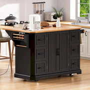 Isla de cocina extensible con alas abatibles, carrito de cocina sobre 4 ruedas con toma de corriente, mesa isla móvil con 2 puertas y 6 cajones