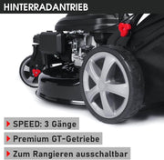 Cortacésped de gasolina BRAST® Trike con tracción | 5,2kW (7CV) | 53cm de ancho de corte | muchos modelos | TÜV | motor OHV de 4 tiempos | 30-80mm de altura de corte | 60L de saco de recogida | carcasa de acero | velocidad