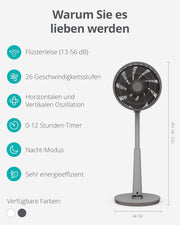 Ventilador de pie silencioso Duux Whisper 2 - Motor CC eficiente con 26 velocidades - Ventilador de altura regulable (73-95 cm) - Oscilación horizontal y vertical - Blanco