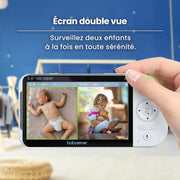 Babysense - Vigilabebés Full HD con pantalla dividida - Con 2 cámaras - Luz nocturna de 6 colores - Máquina de ruido y luz - Batería de 20 horas - Conexión segura sin WiFi
