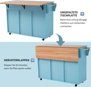 Aparador de cocina Sweiko, mueble de almacenamiento versátil con cajones y ruedas, diseño para comedor en madera clara y azul, armario de salón con estantes ajustables