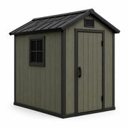 Casetta da giardino in plastica con struttura in metallo, 244x180x226 cm, verde oliva/nero