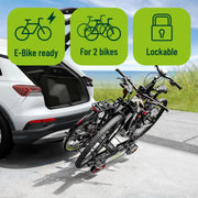 EUFAB 12012LASON Poker-F Plus Portabicicletas exclusivo en Amazon con soportes de cuadro bloqueables, compatible con bicicletas eléctricas, totalmente premontado, para 2 bicicletas, para enganche de remolque, negro