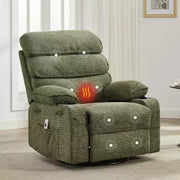 Sillón reclinable mecedor con masaje y calefacción, silla reclinable giratoria de 360 grados para adultos, silla de guardería de lino con bolsillo lateral y dos portavasos