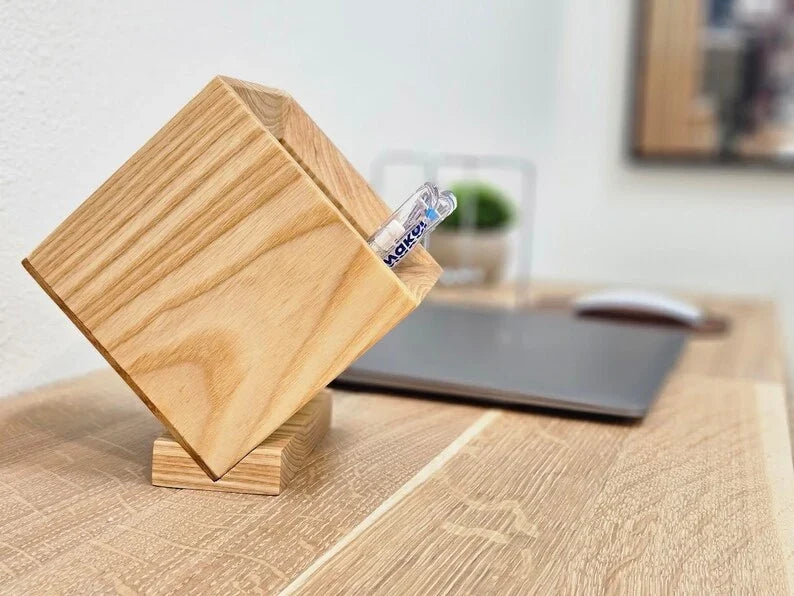 Portalápices de madera con base extraíble, XL, roble blanco, 11x11,5x11,5 cm