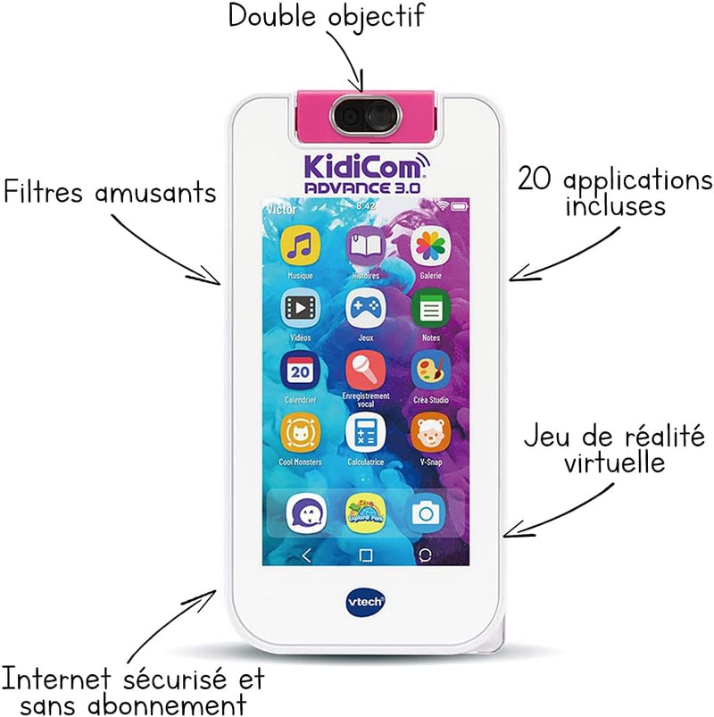 VTech - KidiCom Advance 3.0 Rosa, Dispositivo portátil para niños sin contrato y seguro – 6/12 años – Contenido en francés