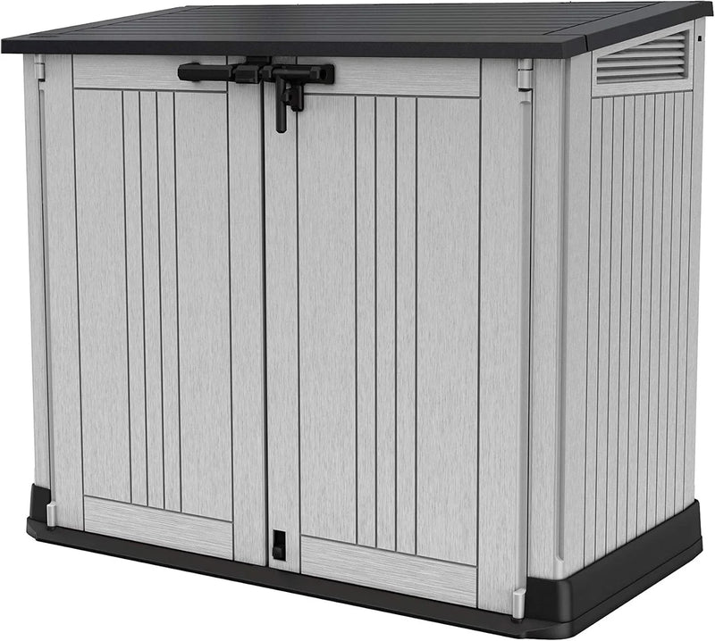 Cobertizo de jardín Store It Out Nova 132 x 71,5 x 113,5 cm, almacenamiento exterior de plástico, resistente a la intemperie, con cerradura, gris claro, tapa gris oscuro