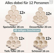 Juego de vajilla de gres para 12 personas, rústico, 48 piezas, GANADOR DEL TEST, vajilla de gres de alta calidad estilo casa de campo, juego de cuencos y platos, vajilla de mesa para 12 personas, juegos de vajilla Pure Living en beige