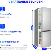 Refrigerador con congelador Bomann® de 143 cm de altura | Frigorífico combi de 175 L con 3 estantes y 3 cajones | Sentido de apertura de puerta reversible | Frigorífico combi silencioso de 39 dB | Frigorífico KG 322.1 aspecto inox