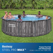 Set de piscina con estructura Bestway Steel Pro MAX con bomba de filtro Ø 366 x 100 cm, efecto madera (roble pantanoso), redonda