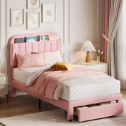 Paquete de 2 bases de cama individual con cajones de almacenamiento y cabecera, tapizadas en terciopelo, perfil bajo, sin ruido, fácil montaje, rosa