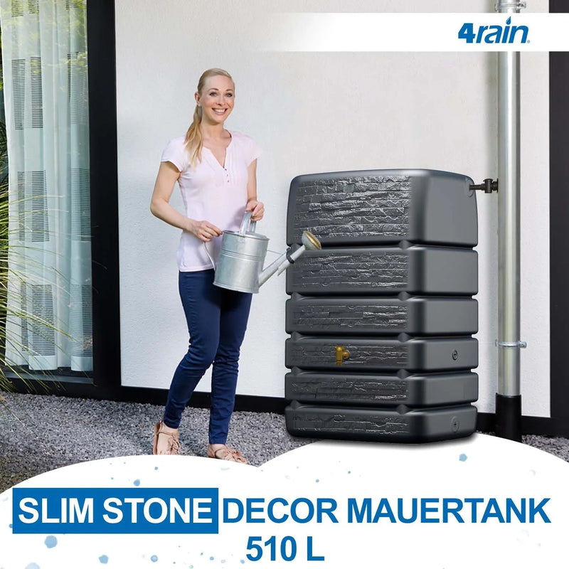 Depósito de agua de lluvia 4rain Slim Stone Decor de 510 litros en color antracita con aspecto de piedra para riego de jardines en exteriores