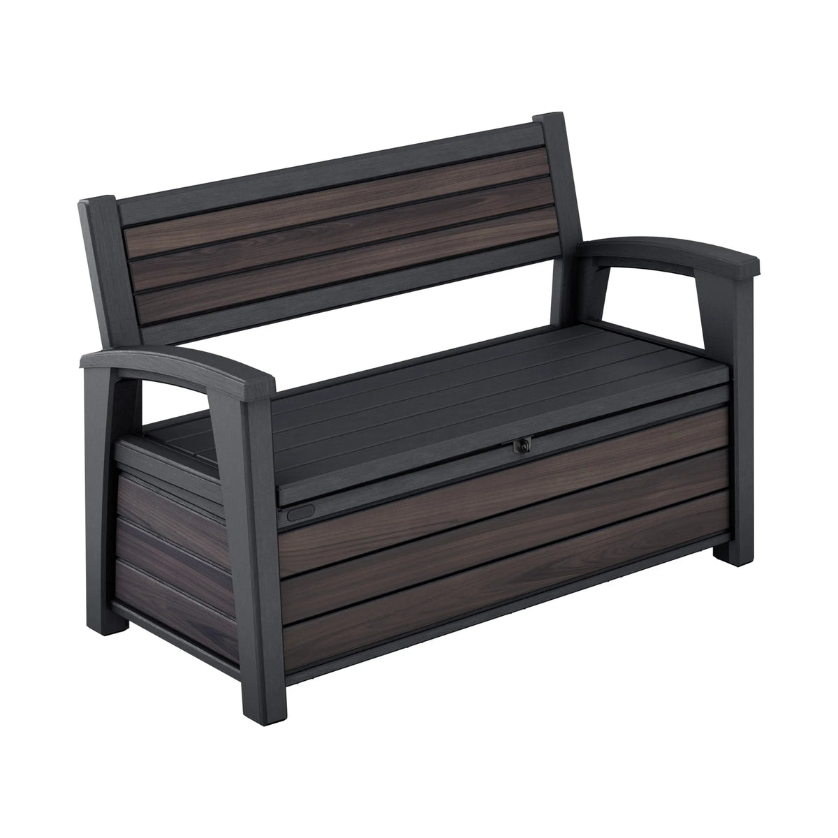 Banco de jardín 130x60x85 cm, banco de almacenamiento resistente a la intemperie, 227 L de espacio de almacenamiento, diseño de madera de palisandro, dos plazas