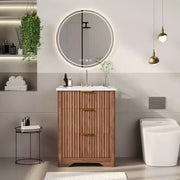 Conjunto de tocador de baño moderno estriado con lavabo de cerámica integrado, mueble de baño independiente con 3 cajones para baño contemporáneo