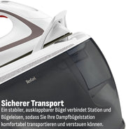 Centro de planchado Tefal Pro Express Ultimate, 7,7 bares, 155 g/min de vapor continuo, 500 g/min de golpe de vapor, 2600 vatios, colector de cal, plancha con centro de vapor, blanco/gris, GV9567