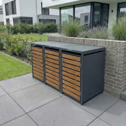 Cubo para basura Metzler en antracita y efecto madera, 3 compartimentos de 240 L, revestimiento para 3 cubos de basura, acero con recubrimiento en polvo resistente a la intemperie con tapa automática, bloqueable, arcón para jardín y basura