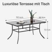 PHI VILLA Mesa de jardín con orificio para sombrilla para 6 personas, mesa de terraza para exterior, mesa de metal, muebles de jardín de 150 x 90 cm, mesa de jardín, mesa de terraza, resistente a la intemperie, negro