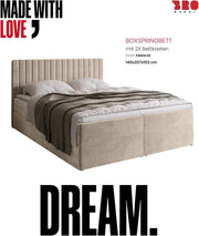 Cama boxspring BROMARKT con arcón, cama tapizada con colchón Bonnell y topper, cama doble con espacio de almacenamiento para dormitorio, cabecero acolchado Dream 140x200, grado de firmeza H3, tejido de terciopelo beige