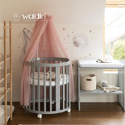 Cuna ovalada evolutiva Waldin, set completo 7 en 1, cuna de barrotes, cama infantil con colchón, cambiador, cuna colecho, madera blanca